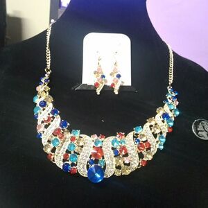 Celebration Necklace & Earrings Set red aqua gold